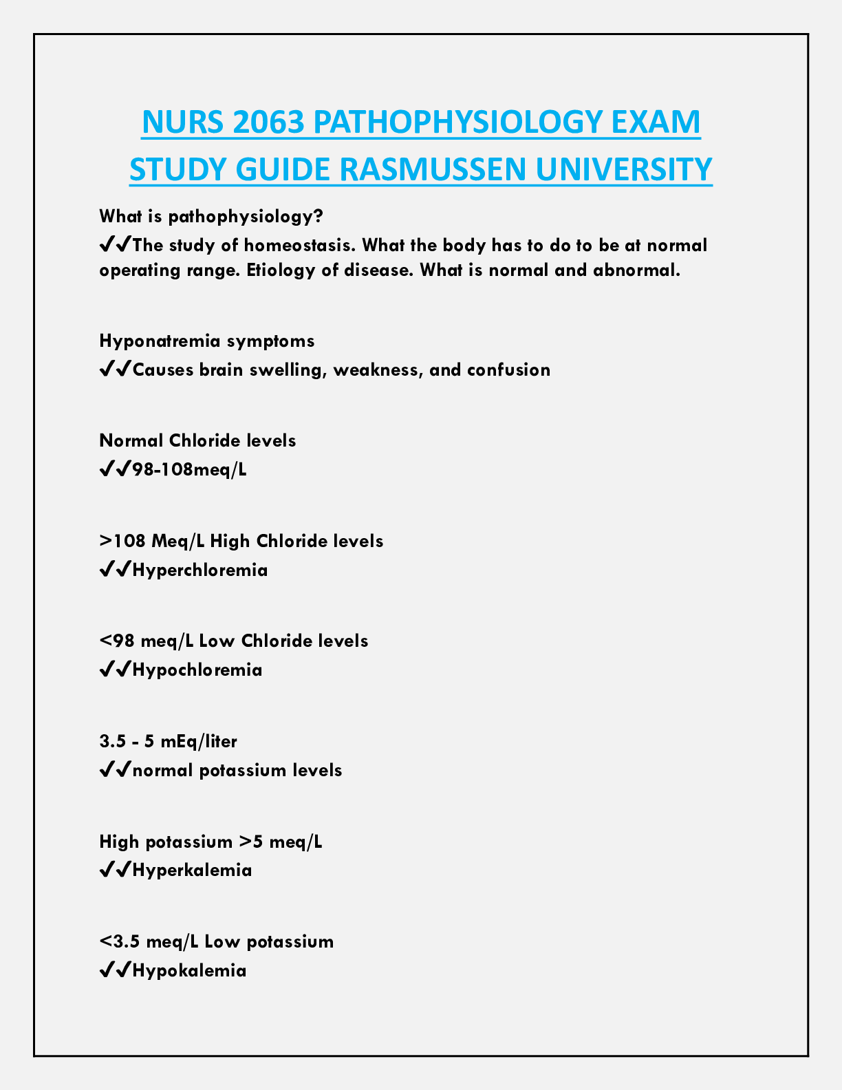 Recommended document preview for NURS 2063 PATHOPHYSIOLOGY EXAM  STUDY GUIDE RASMUSSEN UNIVERSITY