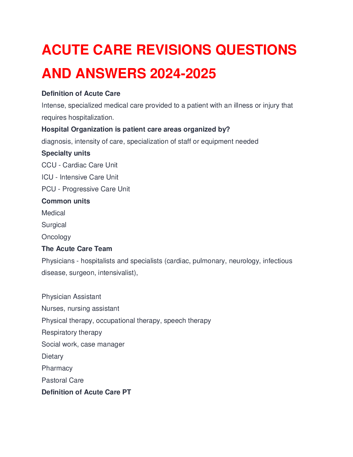 Preview image for ACUTE CARE REVISIONS QUESTIONS AND ANSWERS 2024-2025
