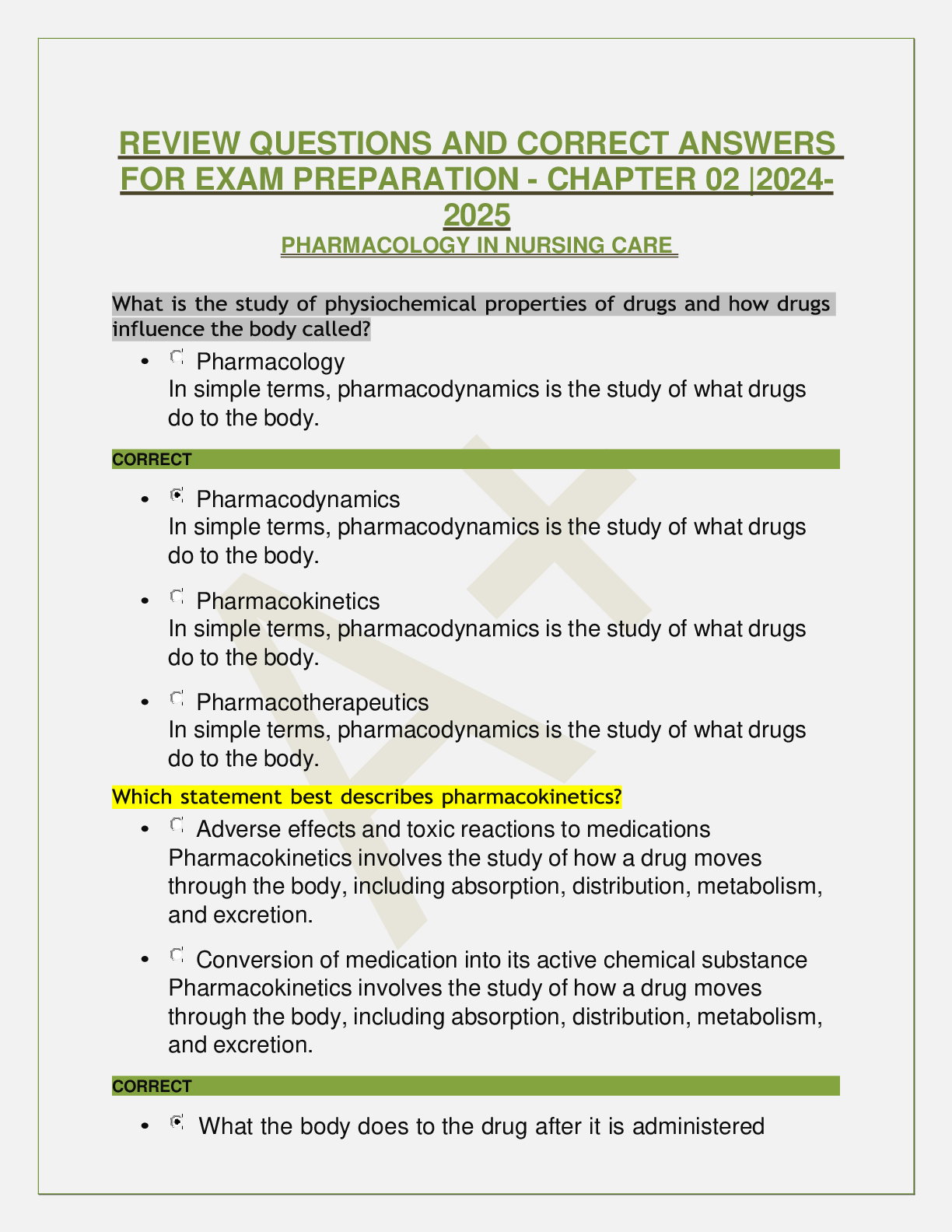 Preview image for REVIEW QUESTIONS AND CORRECT ANSWERS FOR EXAM PREPARATION - CHAPTER 02 |2024-2025 PHARMACOLOGY IN NURSING CARE