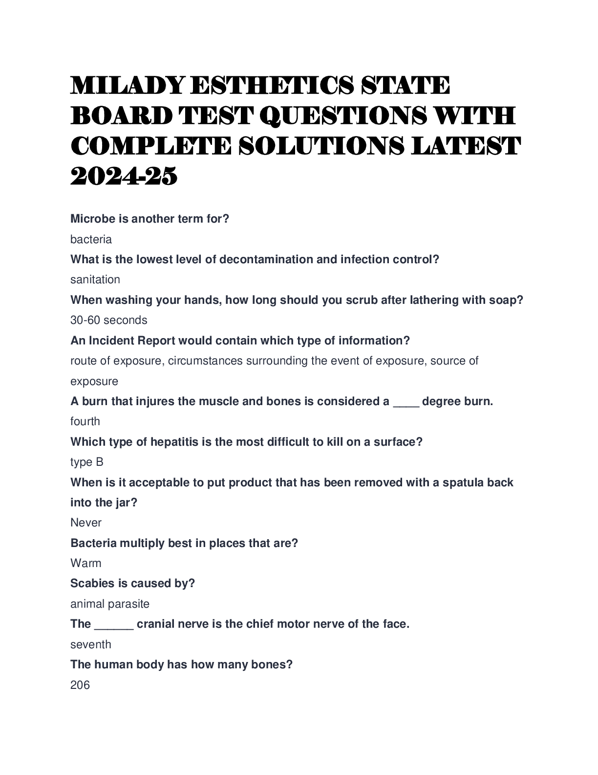 Preview of MILADY ESTHETICS STATE BOARD TEST QUESTIONS WITH COMPLETE SOLUTIONS LATEST 2024-25