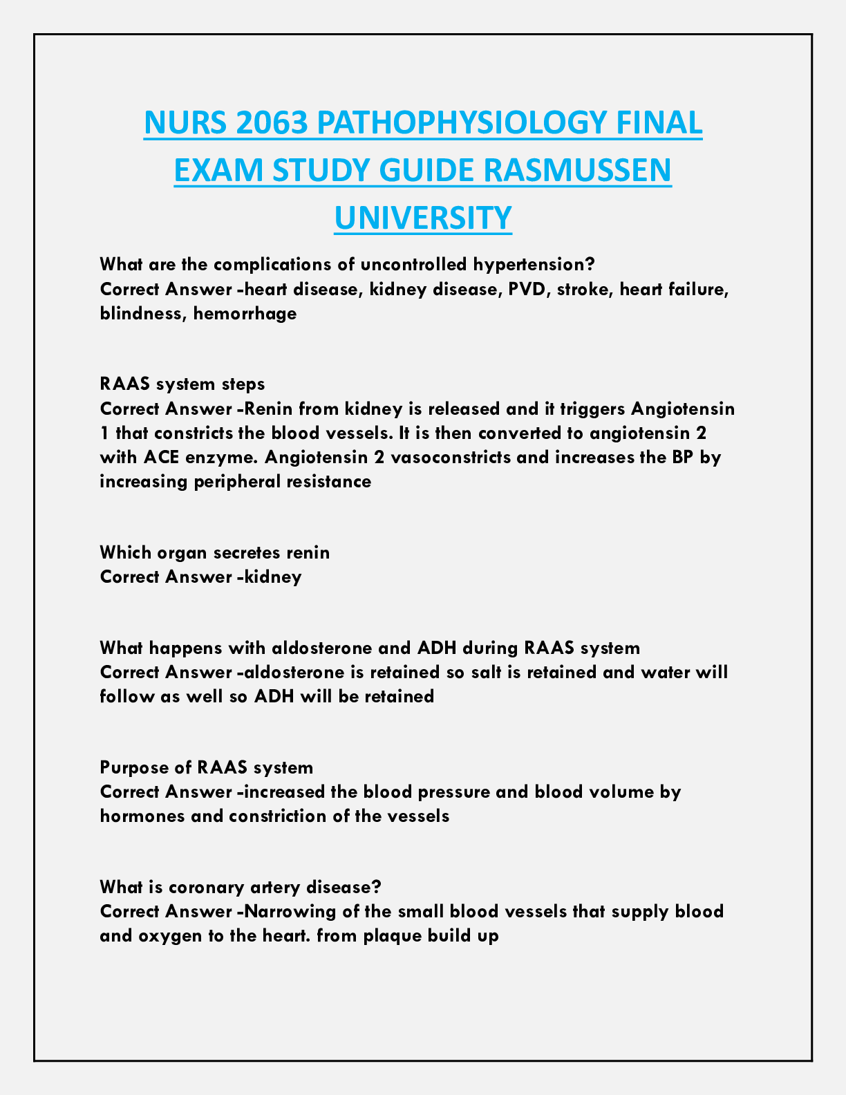 Recommended document preview for NURS 2063 PATHOPHYSIOLOGY FINAL  EXAM STUDY GUIDE RASMUSSEN  UNIVERSITY