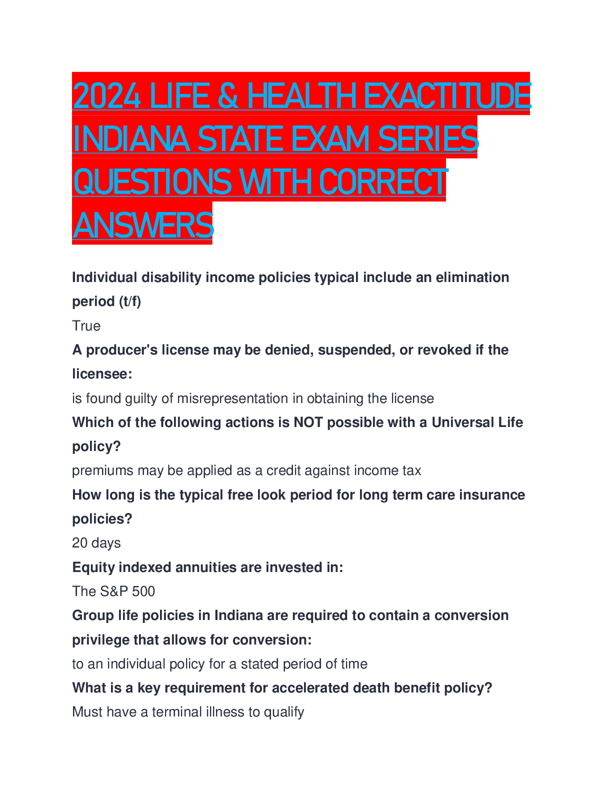 Preview image for 2024 LIFE & HEALTH EXACTITUDE INDIANA STATE EXAM SERIES QUESTIONS WITH CORRECT ANSWERS
