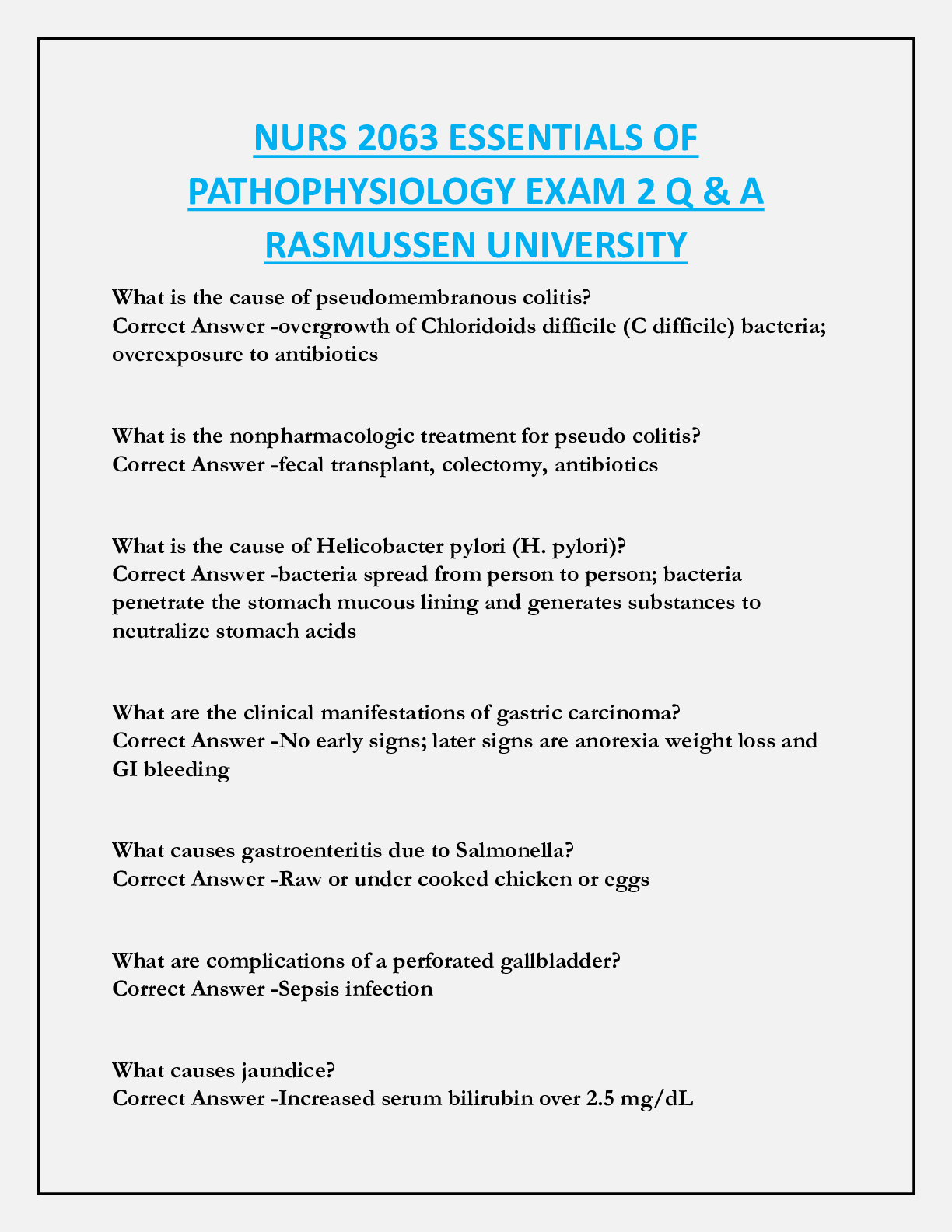Recommended document preview for NURS 2063 ESSENTIALS OF  PATHOPHYSIOLOGY EXAM 2 Q & A  RASMUSSEN UNIVERSITY