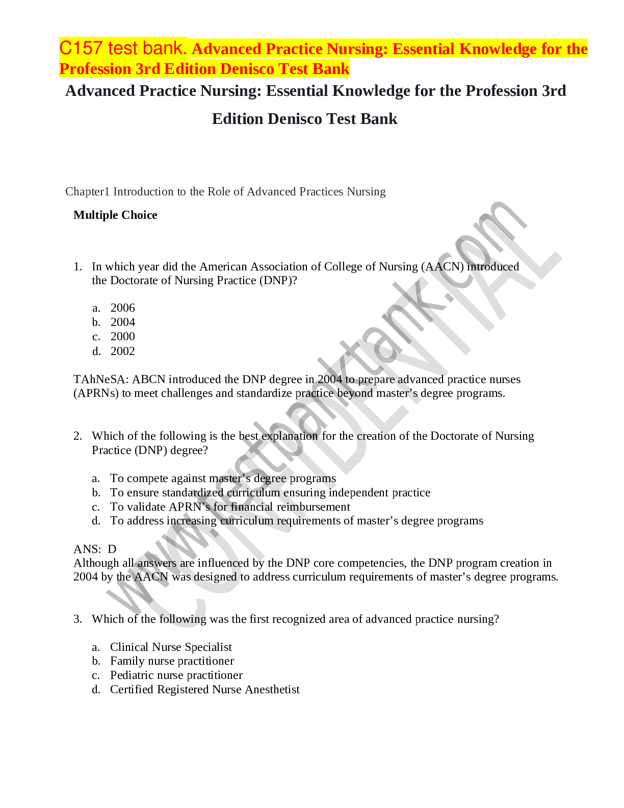 Preview of C157 test bank. Advanced Practice Nursing Essential Knowledge for the Profession 3rd