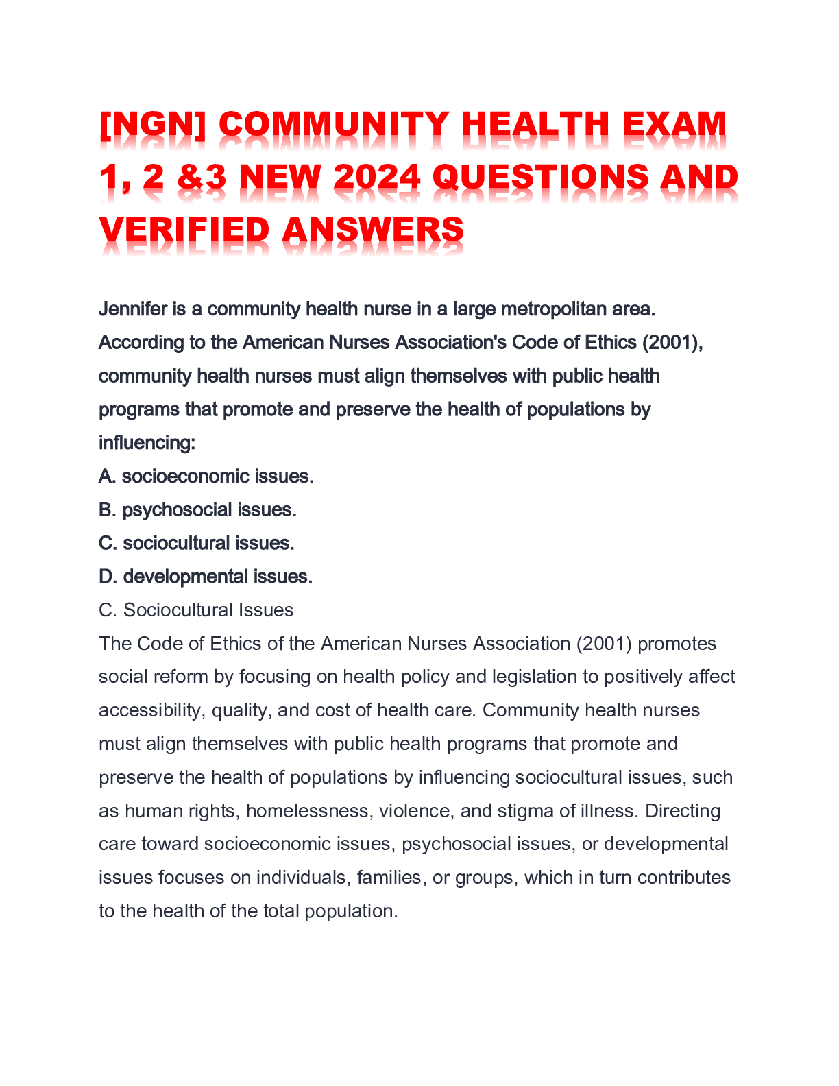 Recommended document preview for [NGN] COMMUNITY HEALTH EXAM 1, 2 &3 NEW 2024 QUESTIONS AND VERIFIED ANSWERS