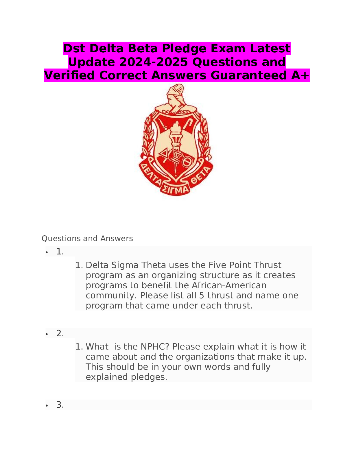Preview of Dst Delta Beta Pledge Exam Latest Update 2024-2025 Questions and Verified Correct