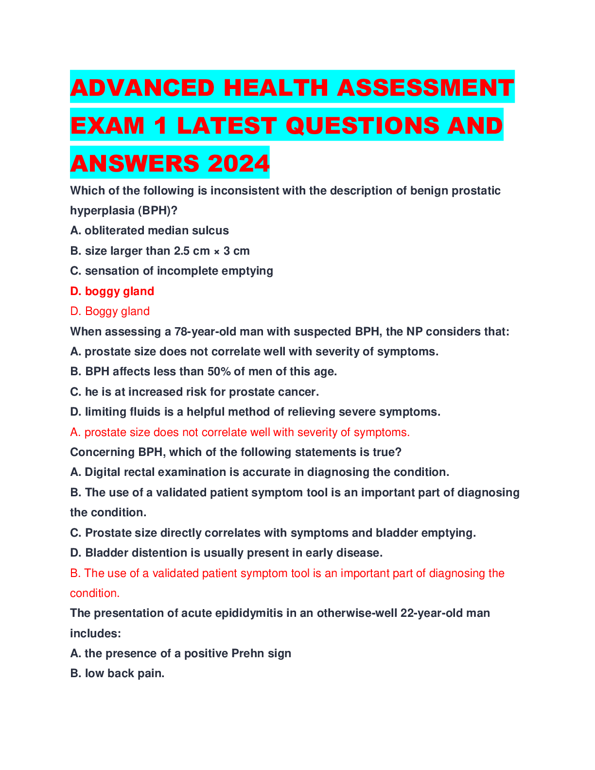 Preview of ADVANCED HEALTH ASSESSMENT EXAM 1 LATEST QUESTIONS AND ANSWERS 2024
