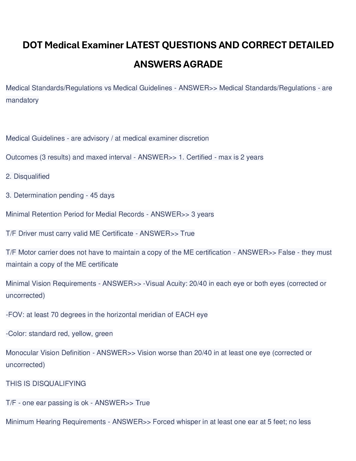 Preview of DOT Medical Examiner LATEST QUESTIONS AND CORRECT DETAILED ANSWERS AGRADE.pdf