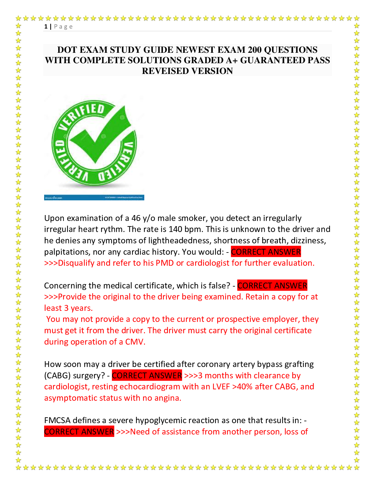 Preview of DOT EXAM STUDY GUIDE NEWEST EXAM 200 QUESTIONS WITH COMPLETE SOLUTIONS GRADED A+ GUARANTEED PASS REVEISED VERSION.pdf