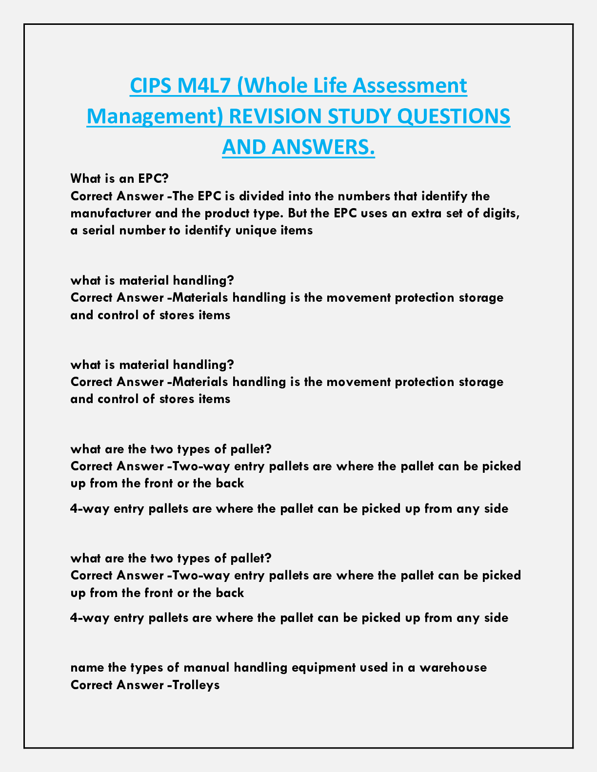 CIPS M4L7 (Whole Life Assessment  Management) REVISION STUDY QUESTIONS  AND ANSWERS.