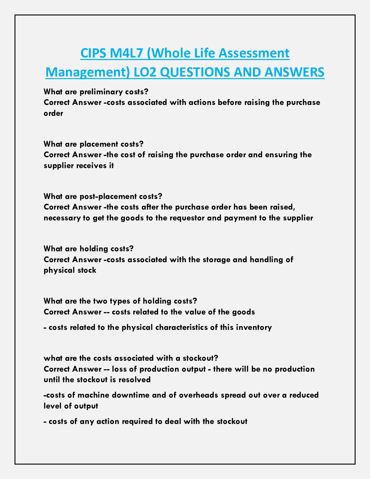 CIPS M4L7 (Whole Life Assessment  Management) LO2 QUESTIONS AND ANSWERS