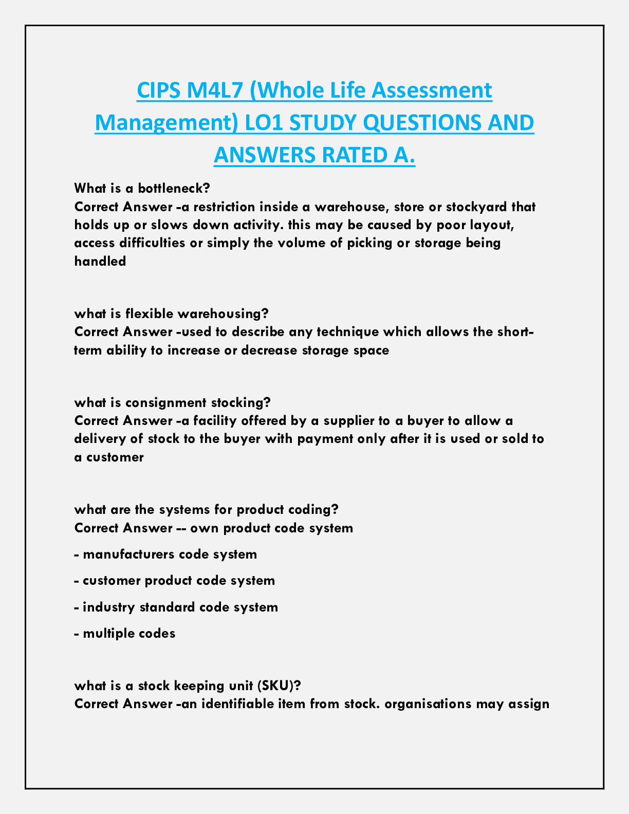 CIPS M4L7 (Whole Life Assessment  Management) LO1 STUDY QUESTIONS AND  ANSWERS RATED A.