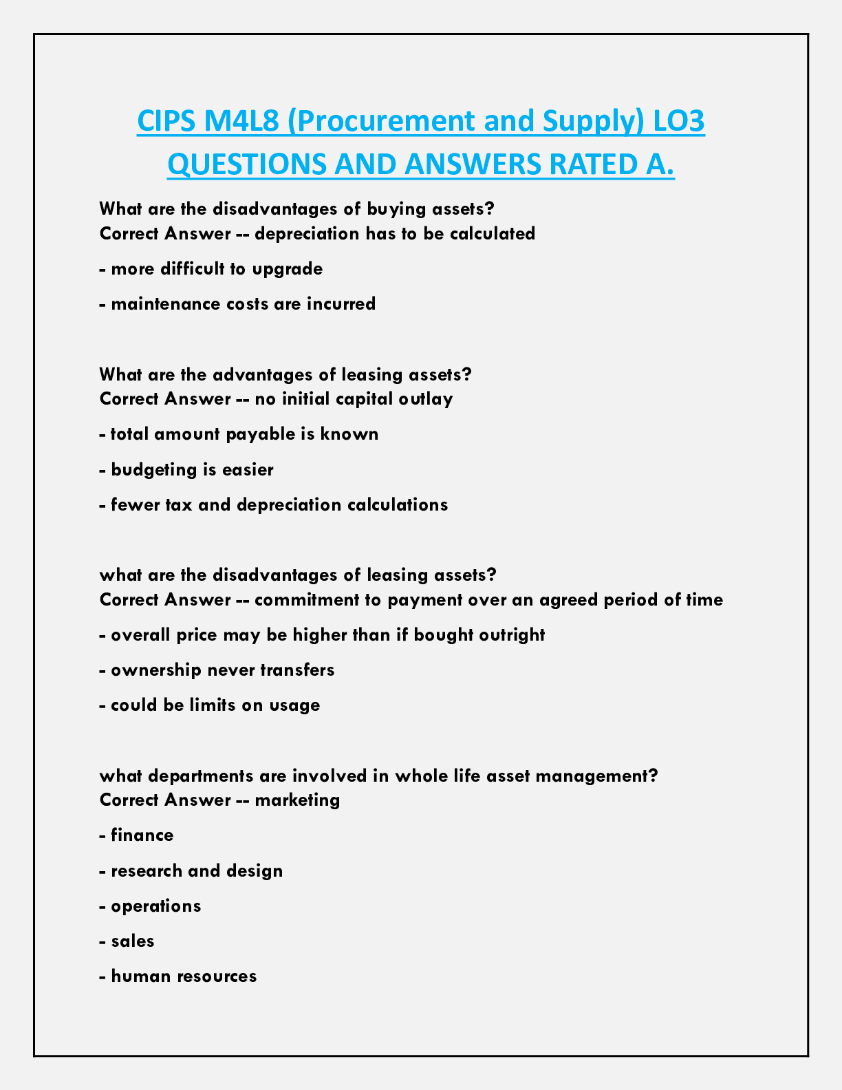 CIPS M4L8 (Procurement and Supply) LO3  QUESTIONS AND ANSWERS RATED A.