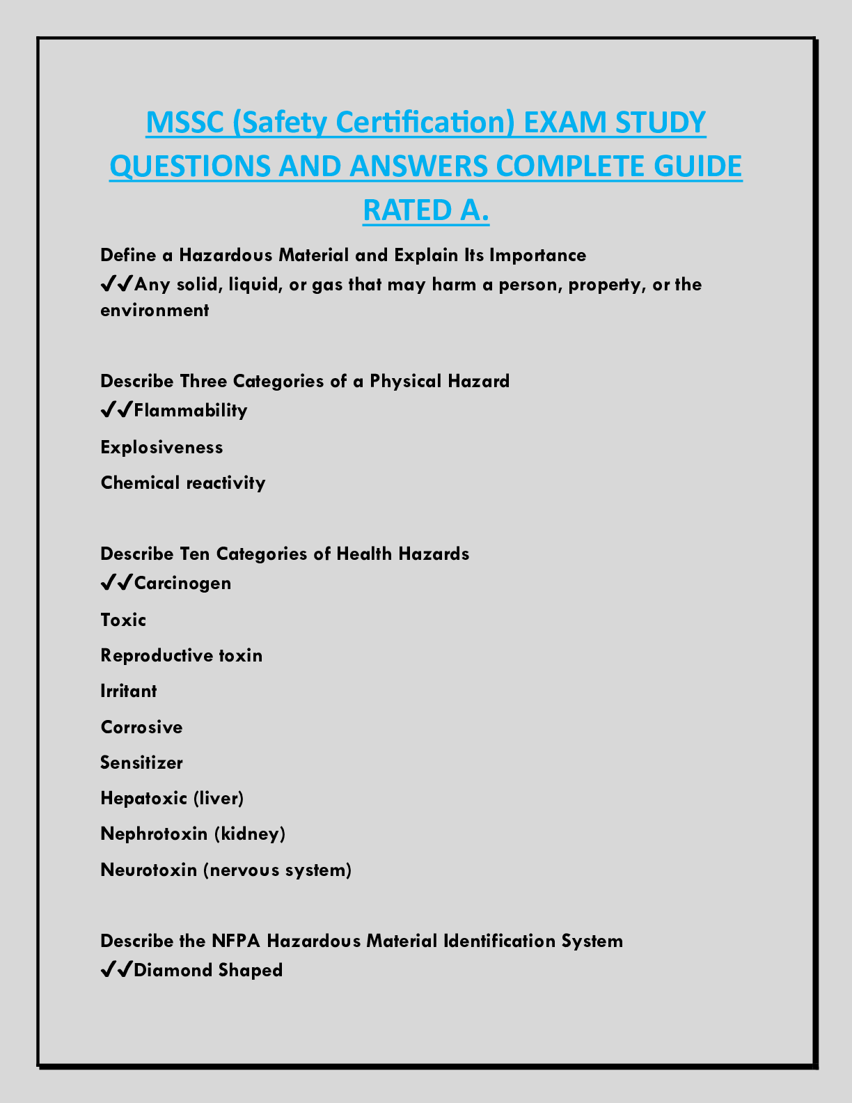 MSSC (Safety Certification) EXAM STUDY  QUESTIONS AND ANSWERS COMPLETE GUIDE  RATED A.