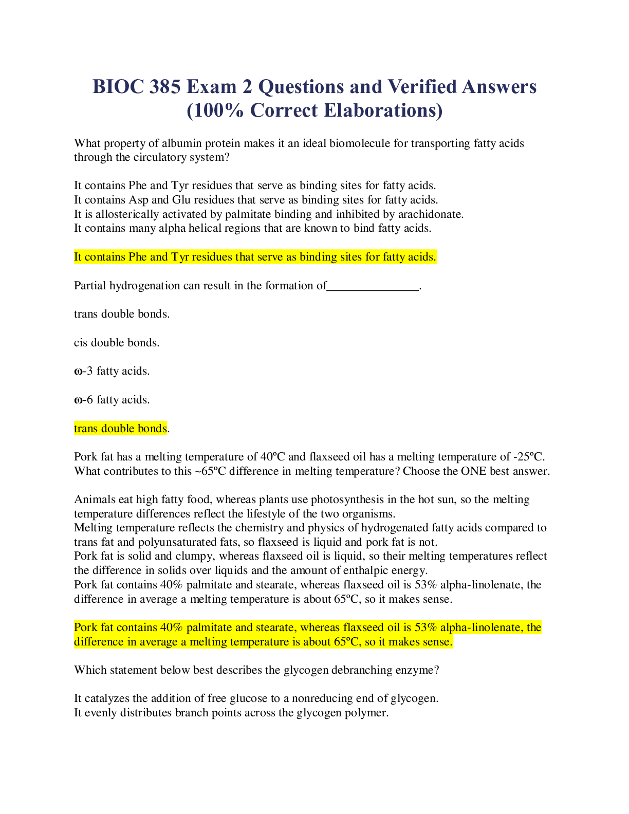 Preview of BIOC 385 Exam 2 Questions and Verified Answers (100% Correct Elaborations)