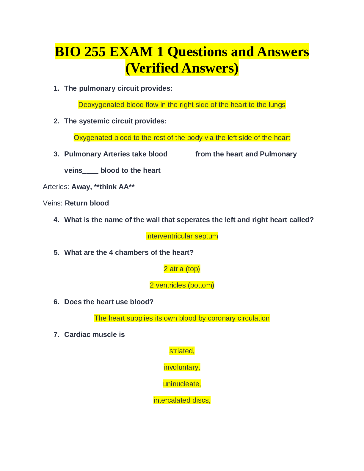 Preview of BIO 255 EXAM 1 Questions and Answers (Verified Answers)
