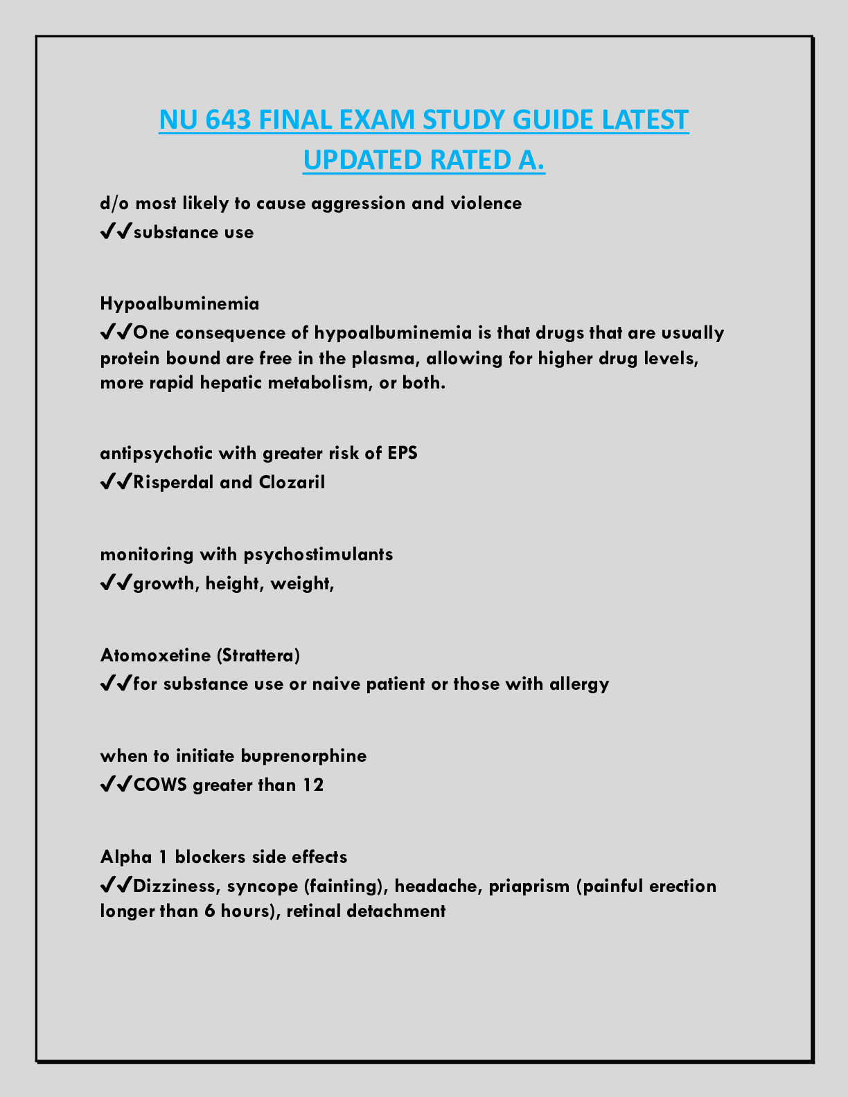 Recommended document preview for NU 643 FINAL EXAM STUDY GUIDE LATEST  UPDATED RATED A.