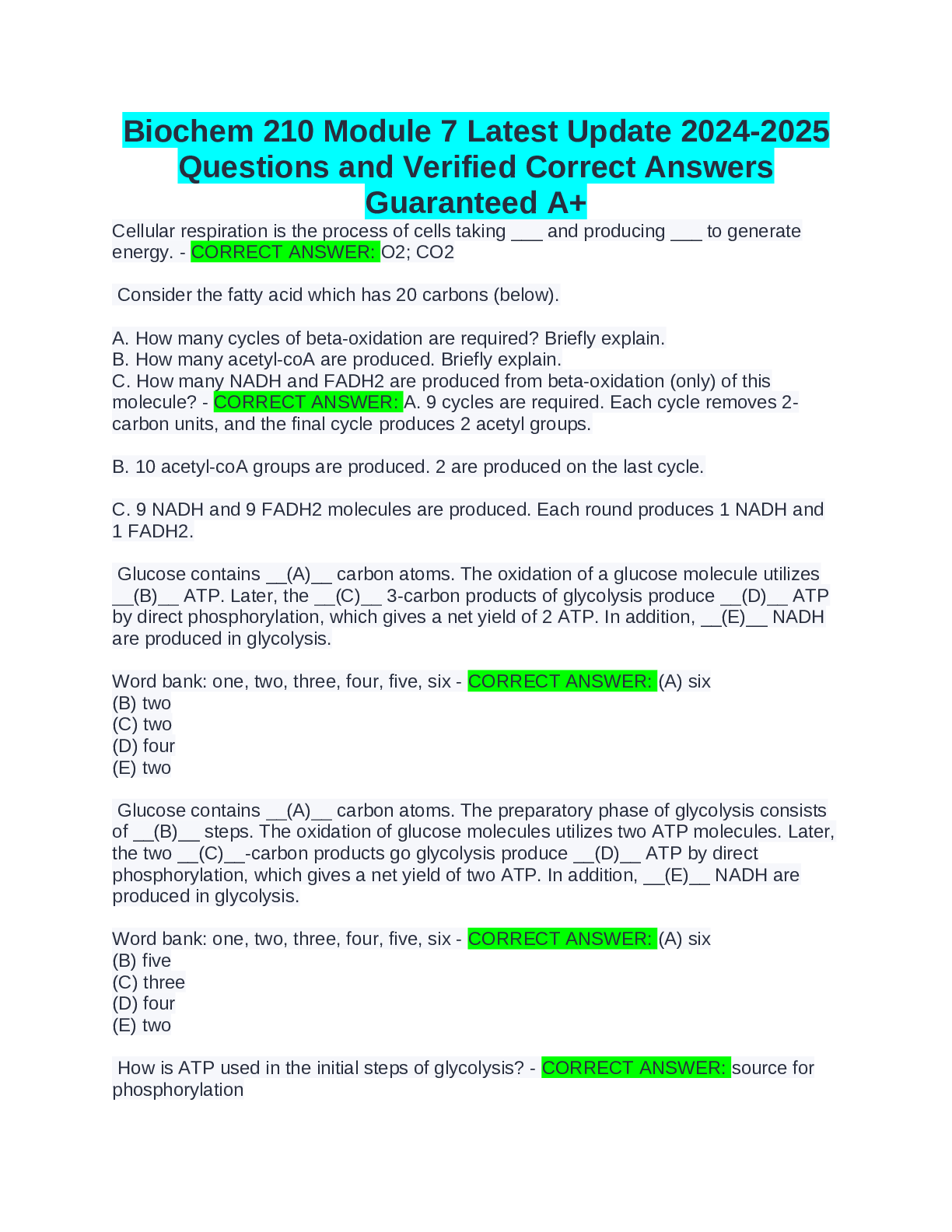 Preview of Biochem 210 Module 7 Latest Update 2024-2025 Questions and Verified Correct Answers Guaranteed A+
