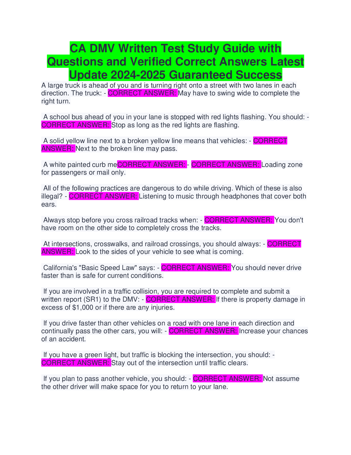 CA DMV Written Test Study Guide with Questions and Verified Correct Answers Latest Update 2024-2025 Guaranteed Success