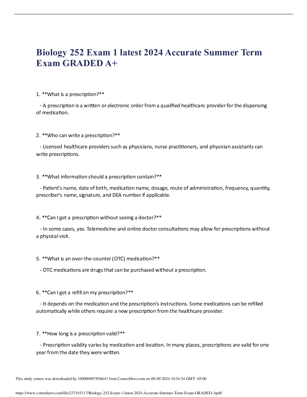 Preview of Biology 252 Exam 1 latest 2024 Accurate Summer Term Exam GRADED A+