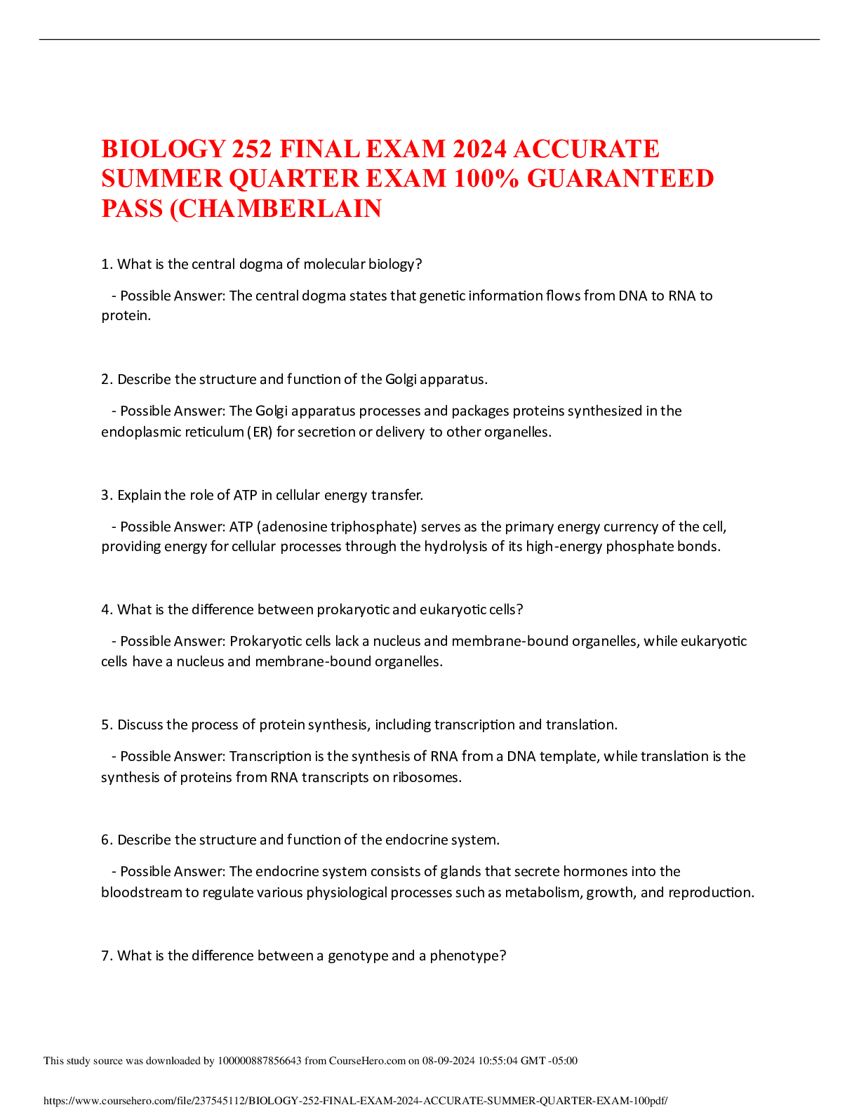 Preview of BIOLOGY 252 FINAL EXAM 2024 ACCURATE SUMMER QUARTER EXAM 100% GUARANTEED PASS (CHAMBERLAIN