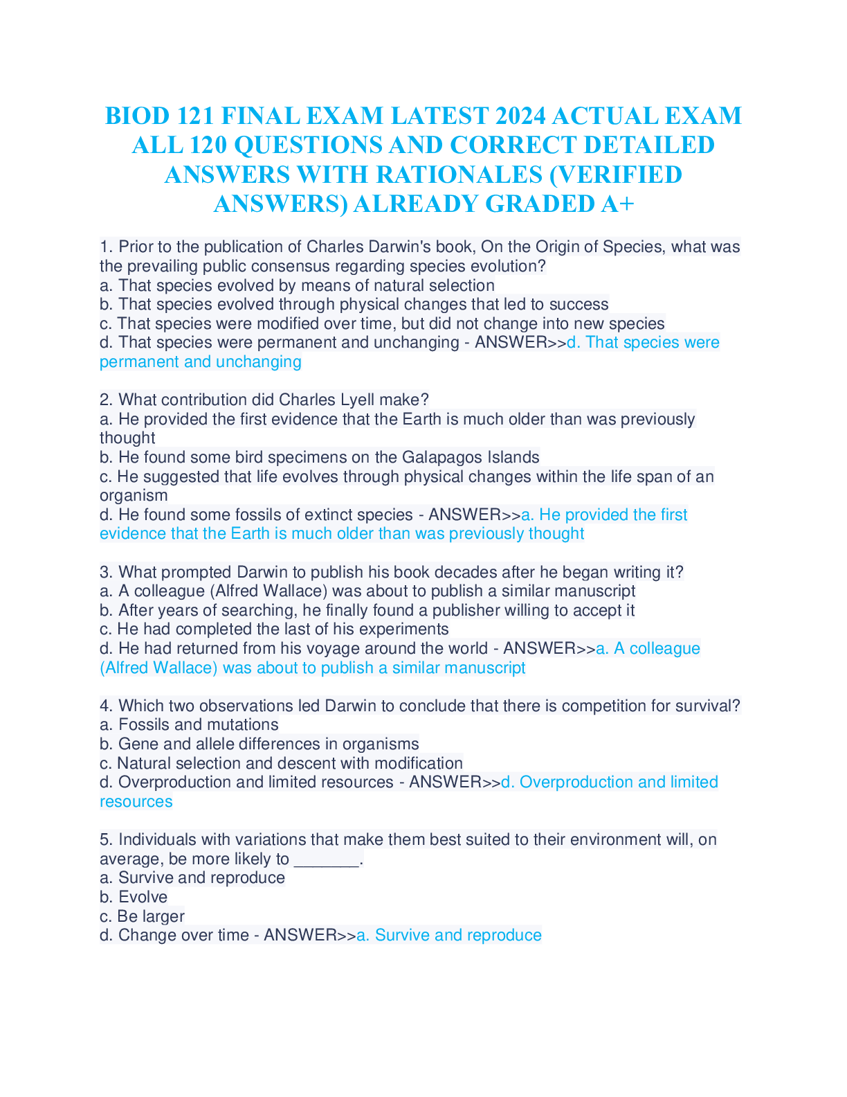 Preview of BIOD 121 FINAL EXAM LATEST 2024 ACTUAL EXAM ALL 120 QUESTIONS AND CORRECT DETAILED ANSWERS