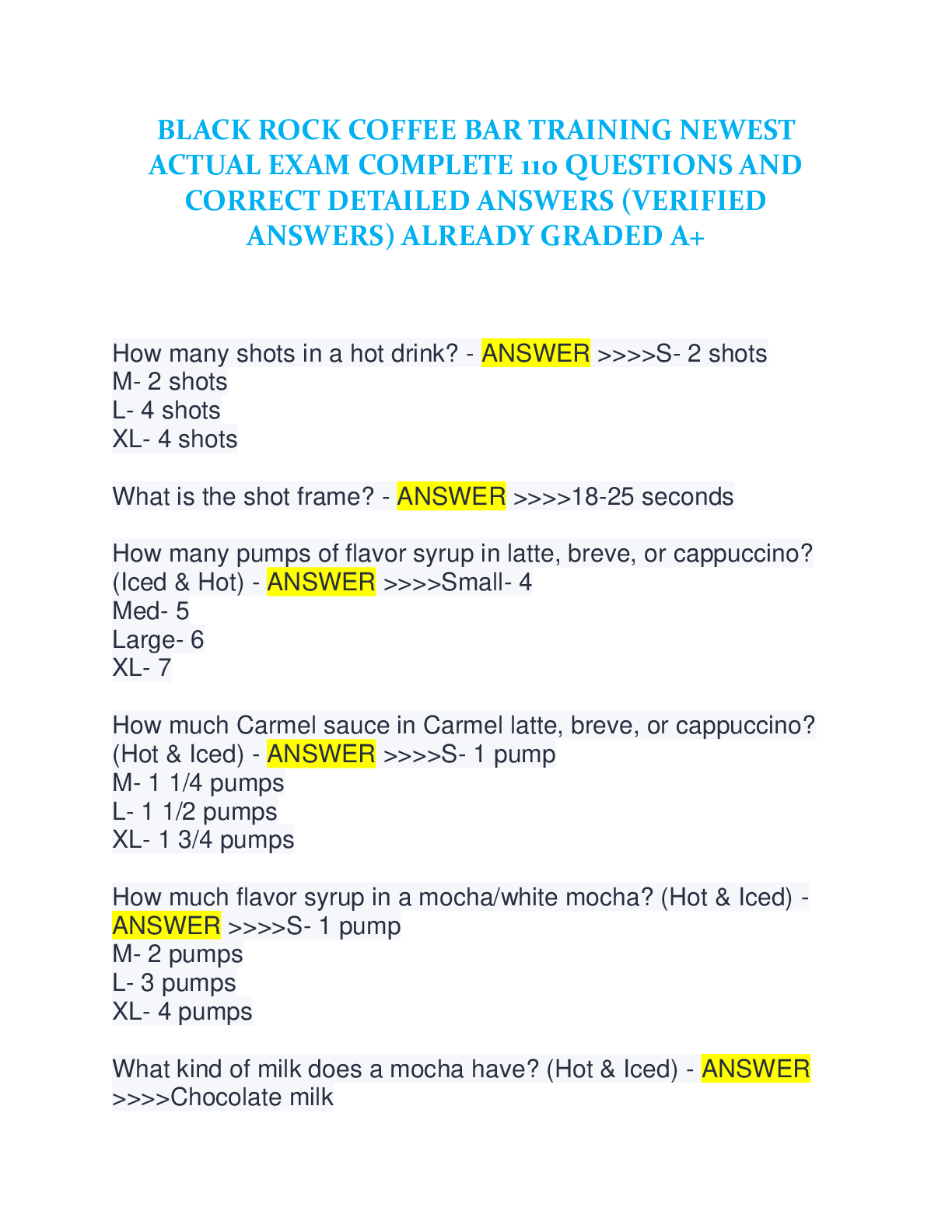 Preview of BLACK ROCK COFFEE BAR TRAINING NEWEST ACTUAL EXAM COMPLETE 110 QUESTIONS AND CORRECT DETAI