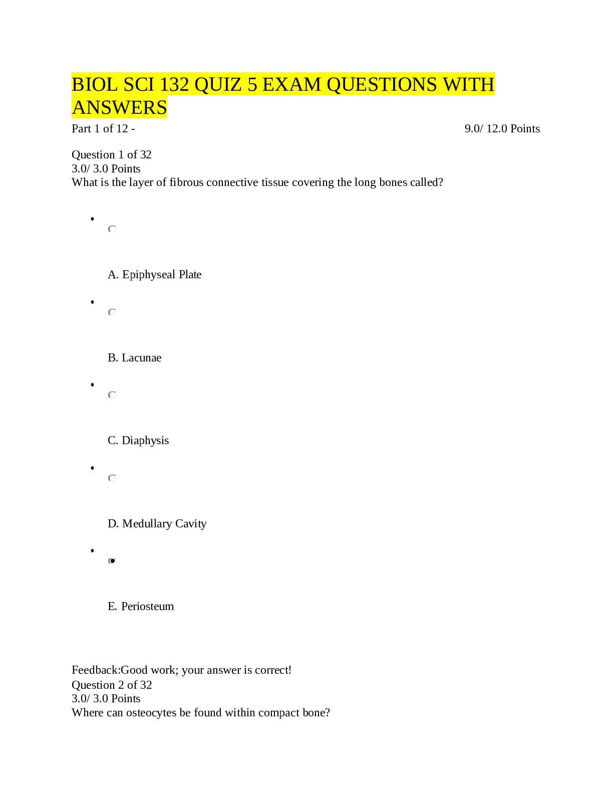 Preview of BIOL SCI 132 QUIZ 5 EXAM QUESTIONS WITH ANSWERS