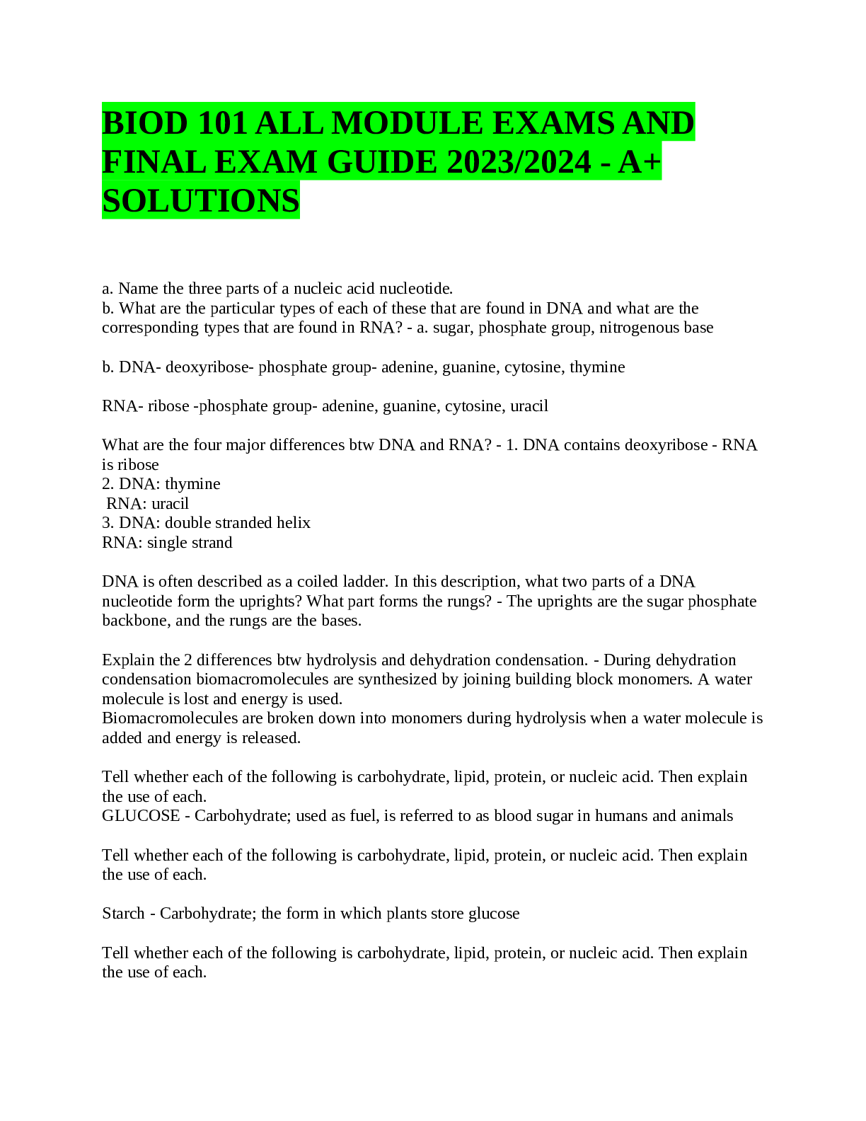 Preview of BIOD 101 ALL MODULE EXAMS AND FINAL EXAM GUIDE 2023-2024 - A+ SOLUTIONS