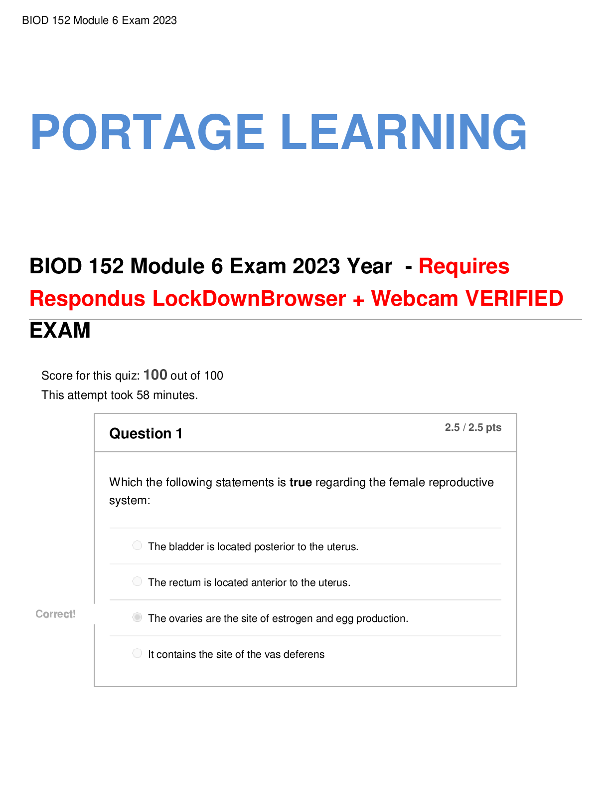 Preview of BIOD 152 Module 6 Exam 2023 Year - Requires Respondus LockDownBrowser + Webcam VERIFIED EXAM