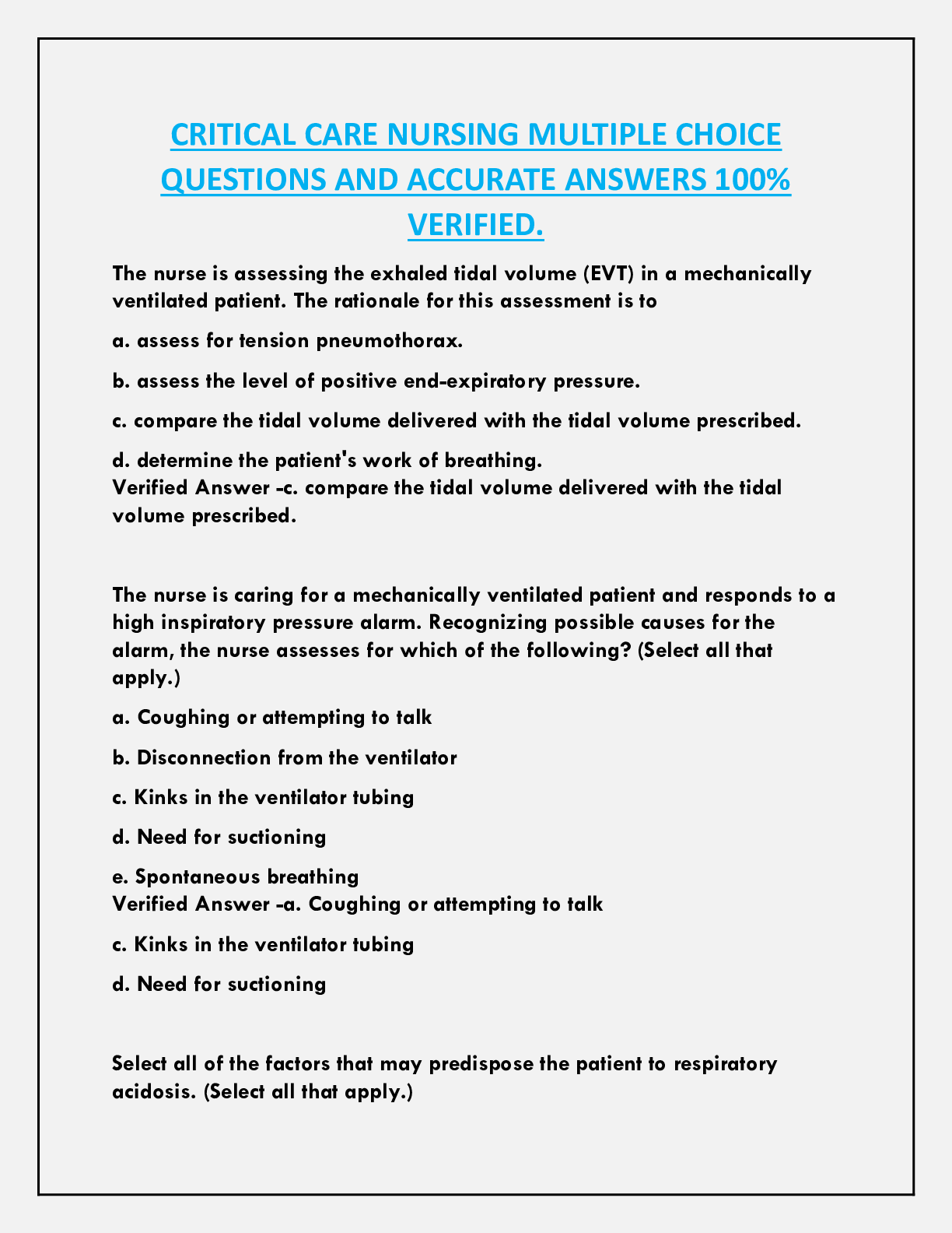 Preview of CRITICAL CARE NURSING MULTIPLE CHOICE  QUESTIONS AND ACCURATE ANSWERS 100%  VERIFIED.