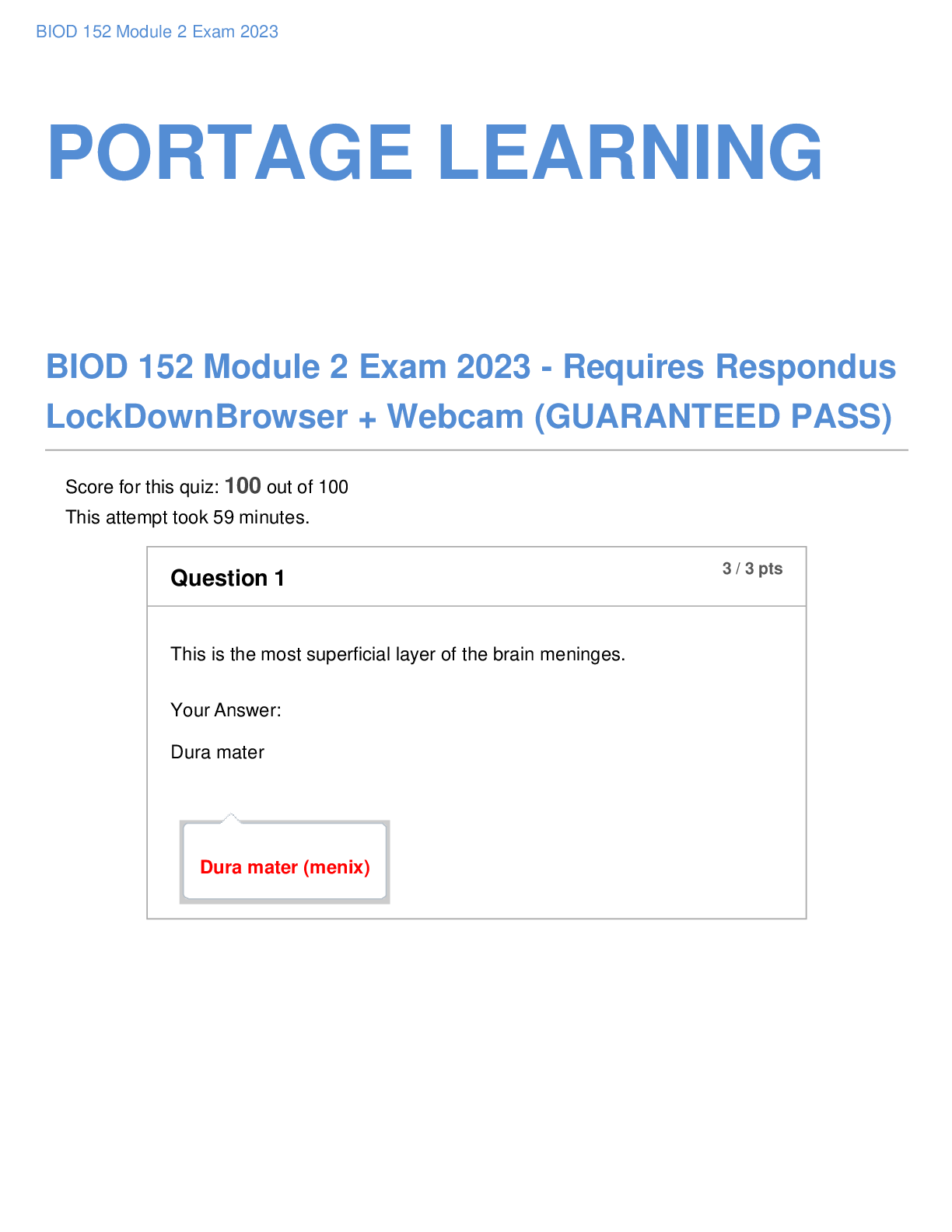 Preview of BIOD 152 Module 2 Exam 2023 - Requires Respondus LockDownBrowser + Webcam (GUARANTEED PASS)