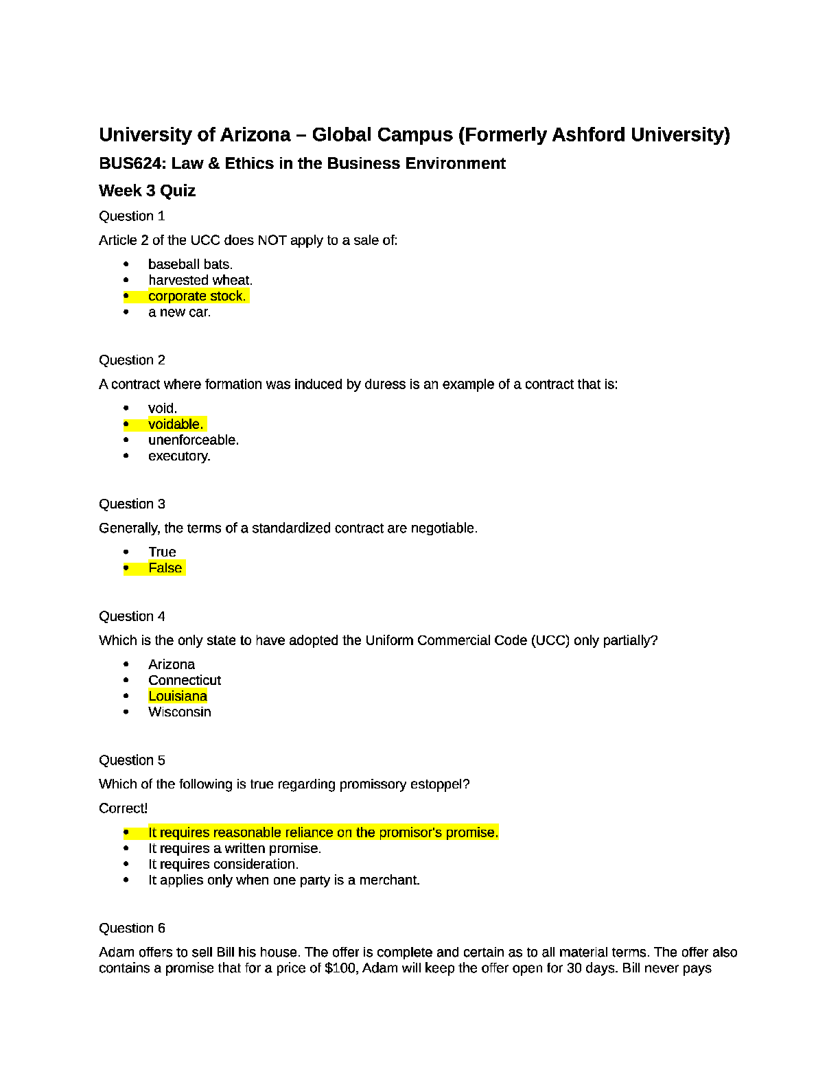 Preview of BUS 624 Law & Ethics in the Business Environment Week 3 Quiz
