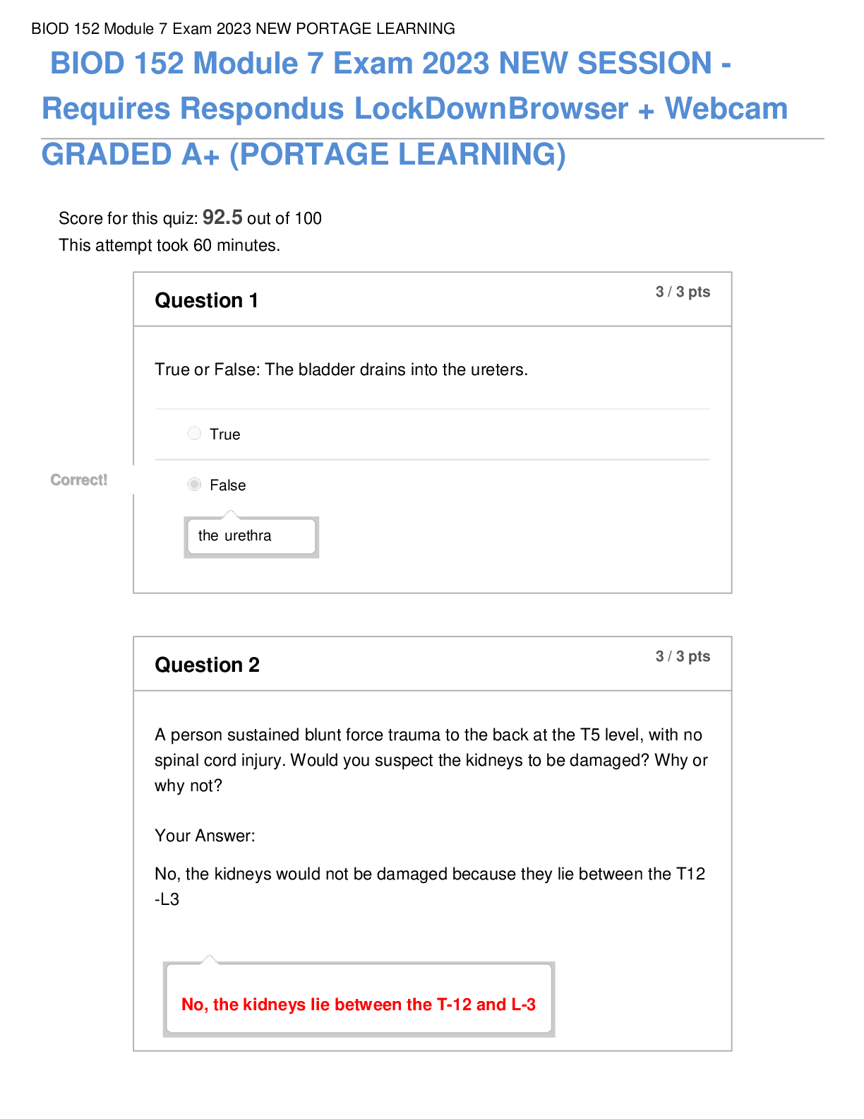 Preview of BIOD 152 Module 7 Exam 2023 NEW SESSION - Requires Respondus LockDownBrowser + Webcam GRADED A+ (PORTAGE LEARNING)
