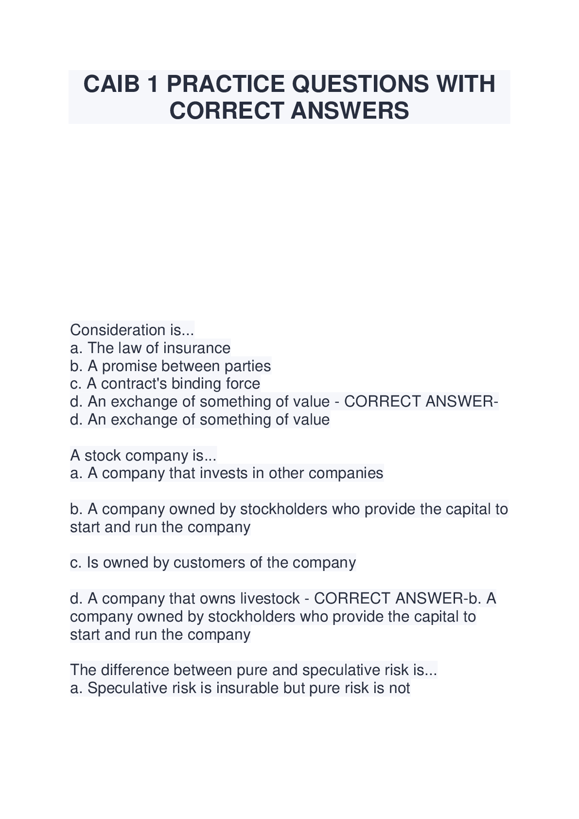 CAIB 1 PRACTICE QUESTIONS WITH CORRECT ANSWERS