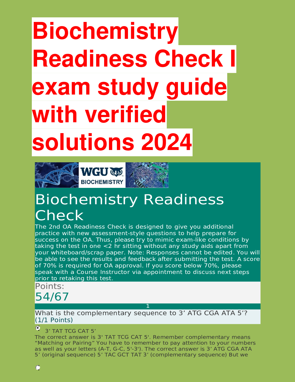 Preview of Biochemistry Readiness Check I exam study guide with verified solutions 2024