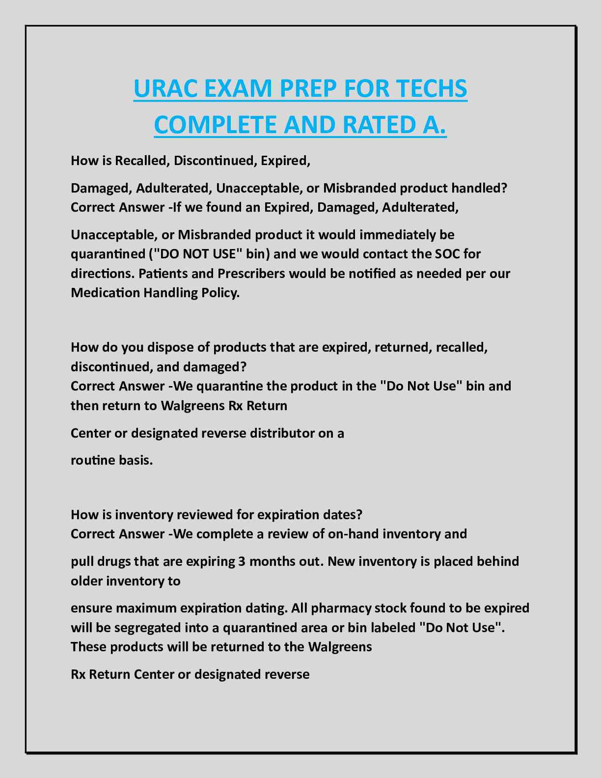 URAC EXAM PREP FOR TECHS  COMPLETE AND RATED A.
