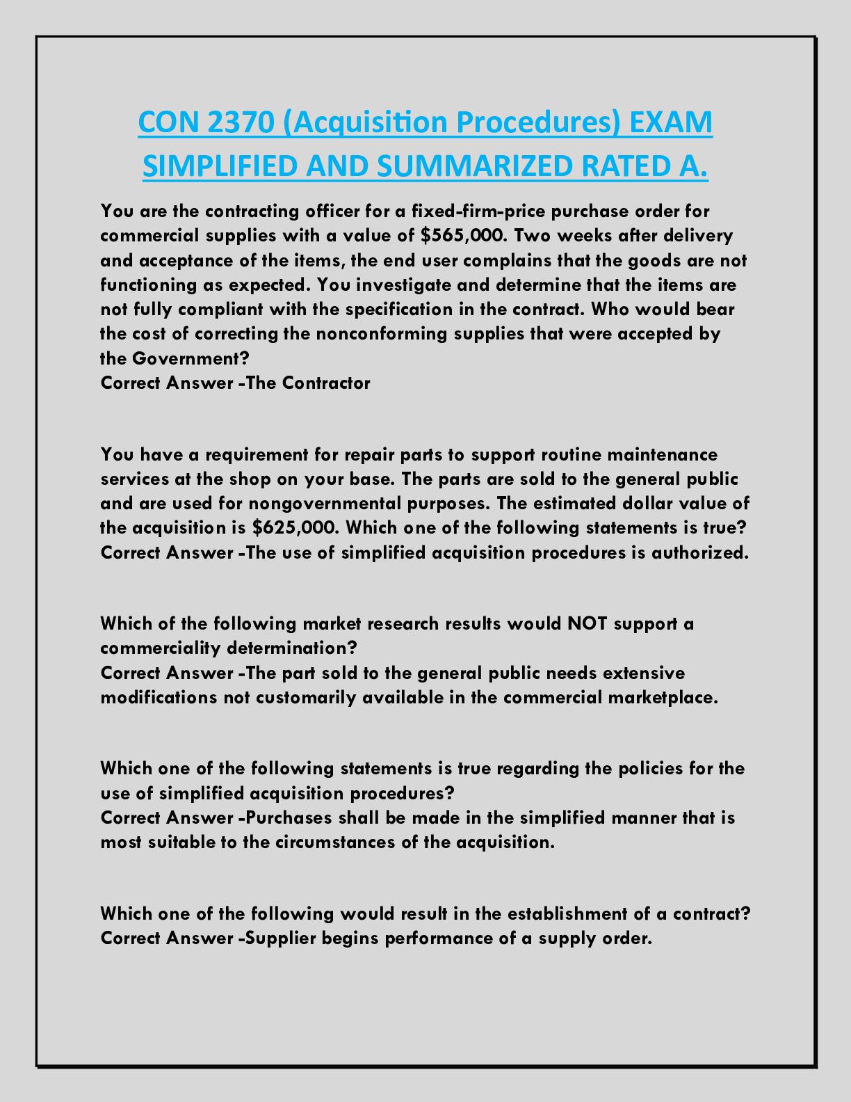 CON 2370 (Acquisition Procedures) EXAM  SIMPLIFIED AND SUMMARIZED RATED A.