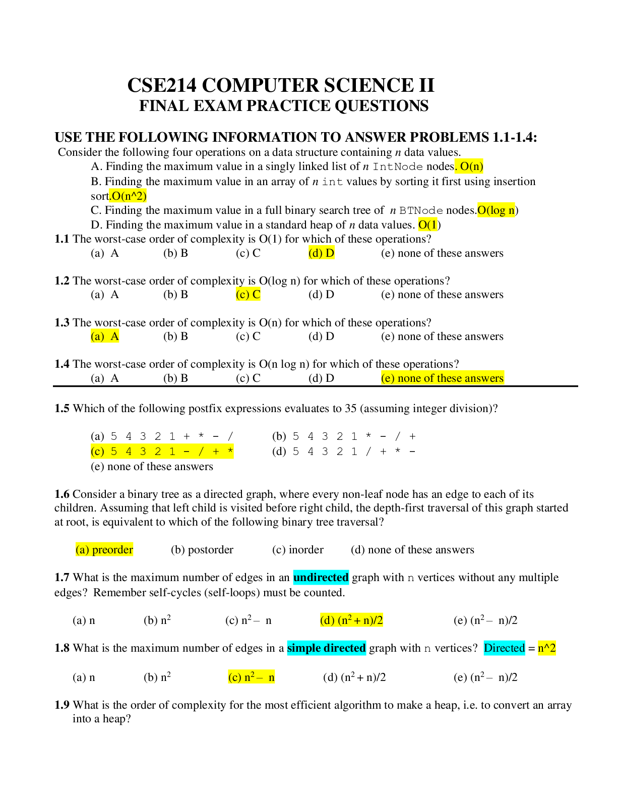 CSE214 COMPUTER SCIENCE II FINAL EXAM PRACTICE QUESTIONS