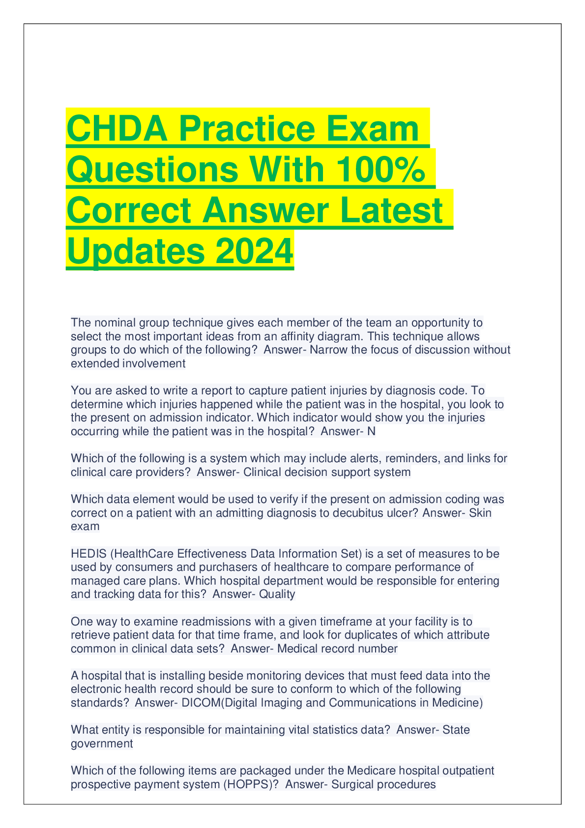 Preview of CHDA Practice Exam Questions With 100% Correct Answer Latest Updates 2024