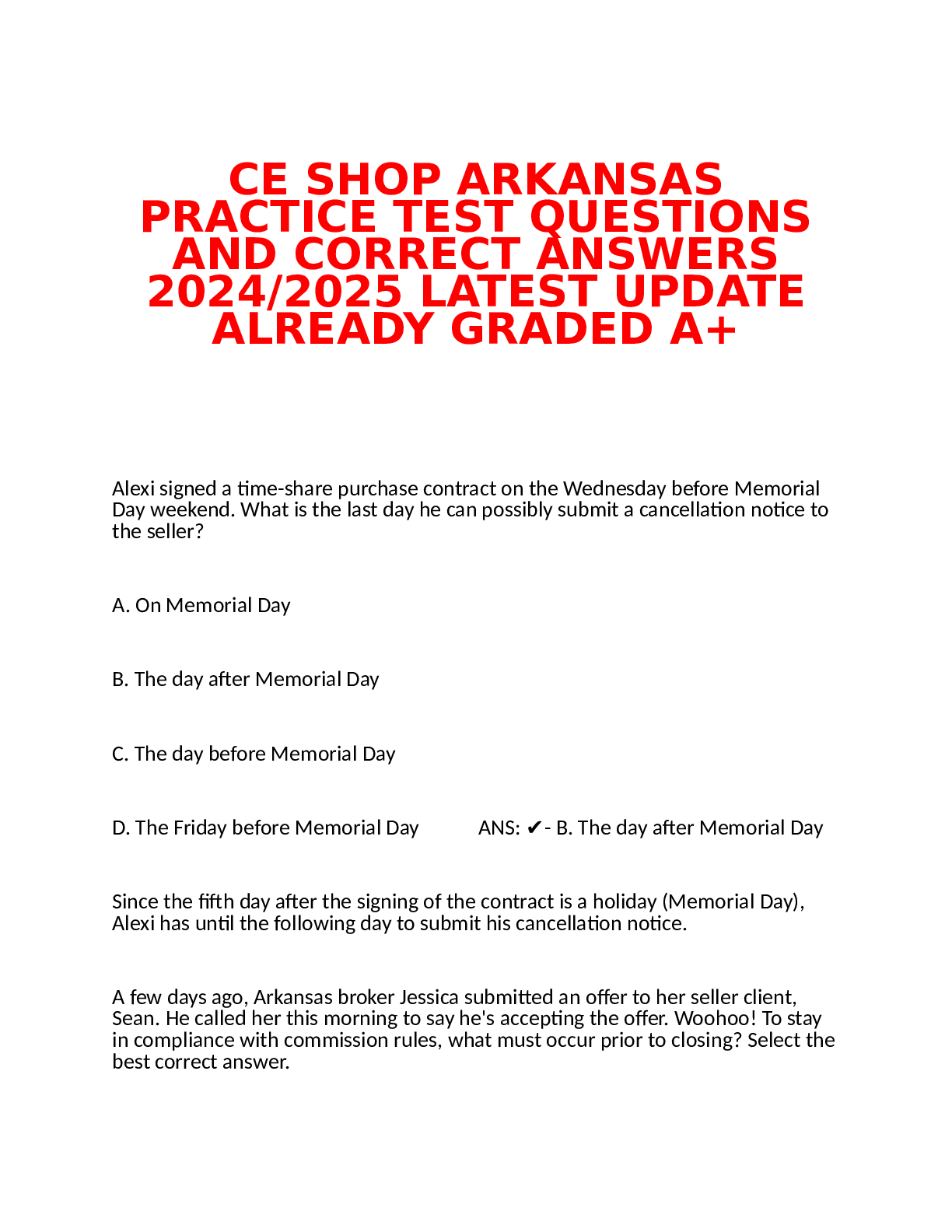 Preview of CE SHOP ARKANSAS PRACTICE TEST QUESTIONS AND CORRECT ANSWERS 20242025 LATEST UPDATE ALREADY GRADED A+