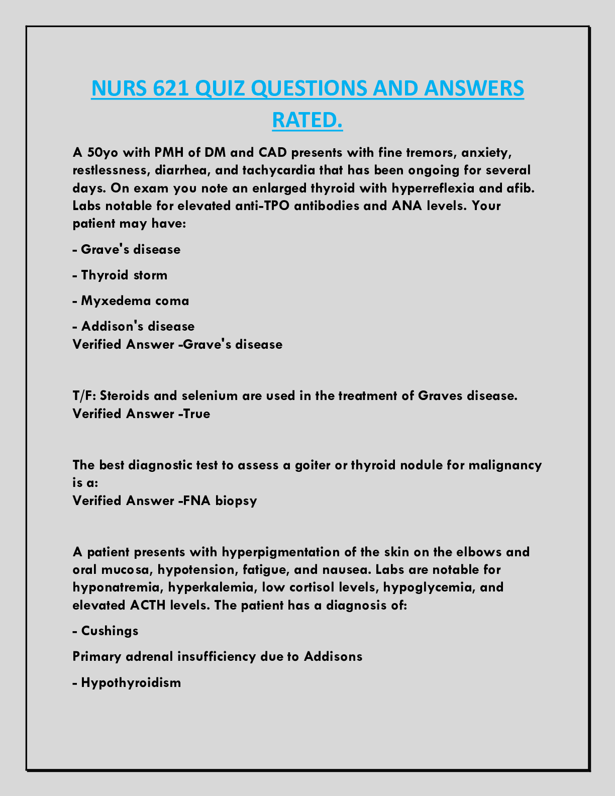 NURS 621 QUIZ QUESTIONS AND ANSWERS  RATED.