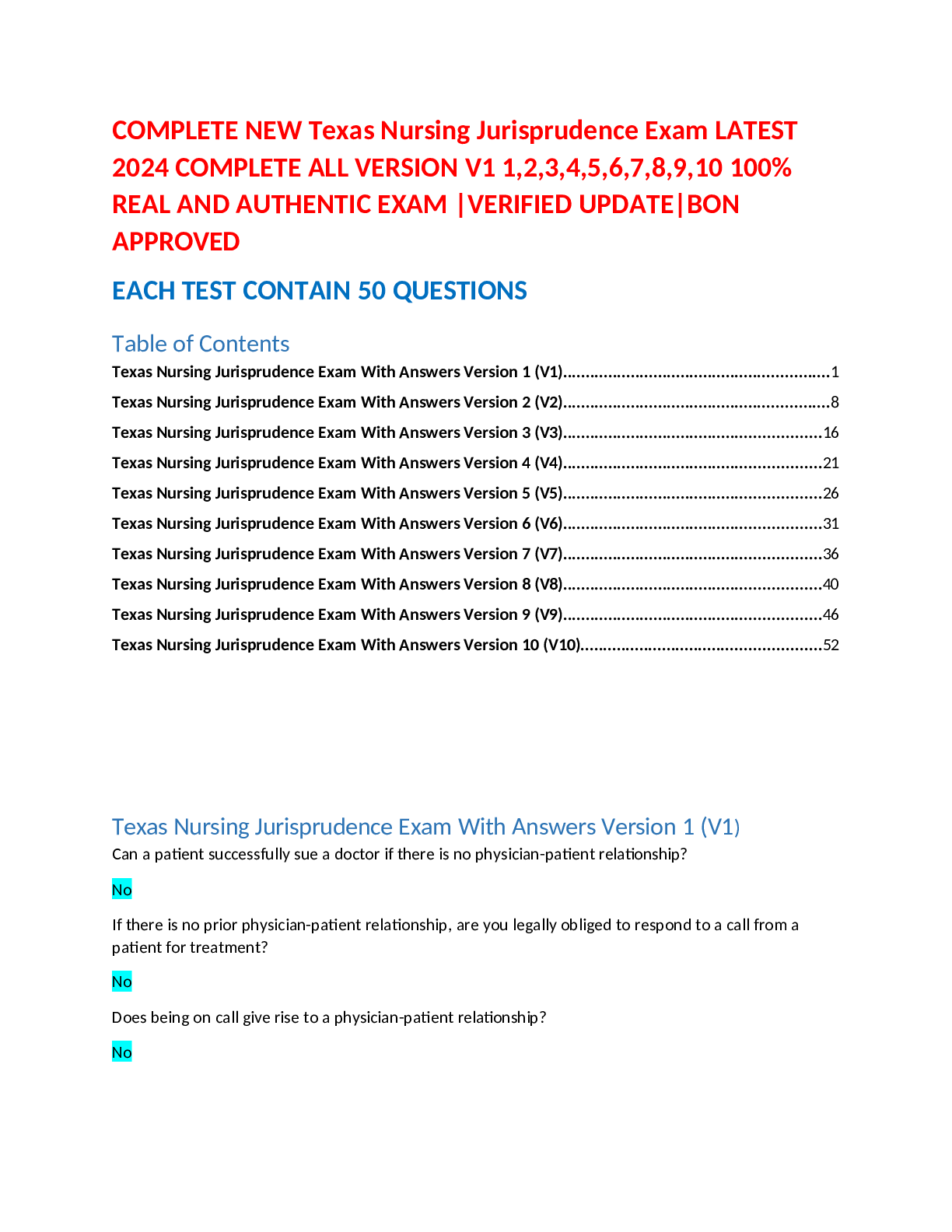 Preview of COMPLETE NEW Texas Nursing Jurisprudence Exam LATEST 2024 COMPLETE ALL VERSION V1 1,2,3,4,