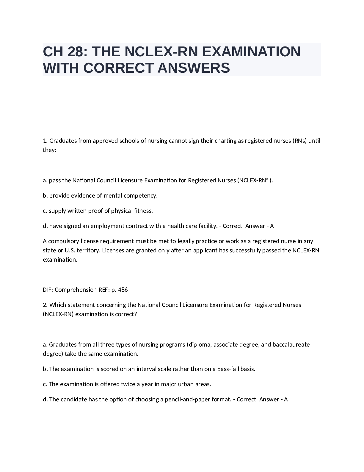 Preview of CH 28 THE NCLEX-RN EXAMINATION WITH CORRECT ANSWERS