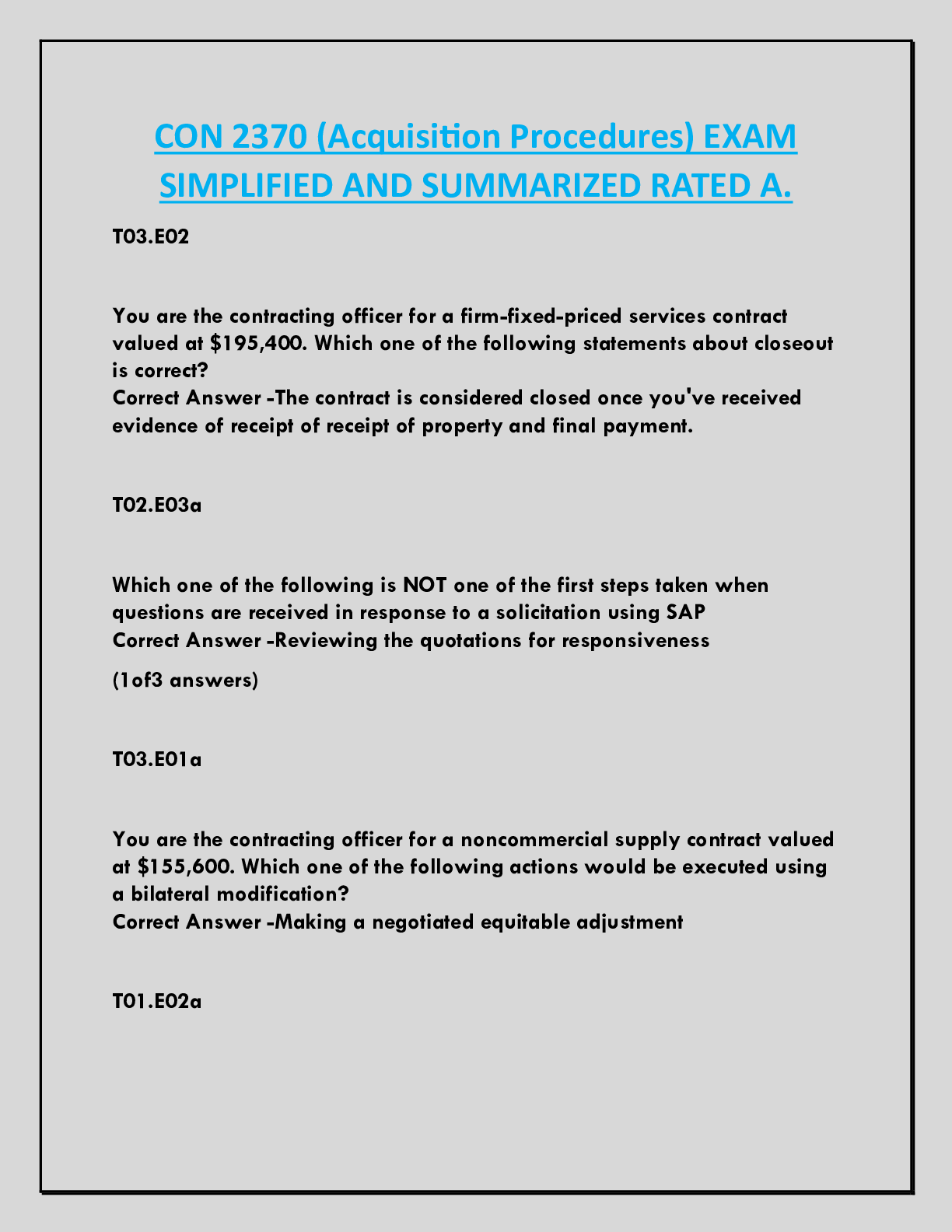 Recommended document preview for CON 2370 (Acquisition Procedures) EXAM  SIMPLIFIED AND SUMMARIZED RATED A.