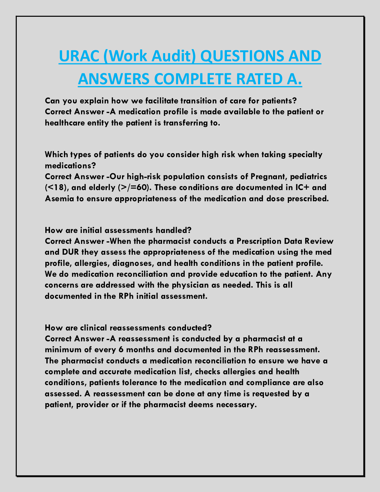 URAC (Work Audit) QUESTIONS AND  ANSWERS COMPLETE RATED A.