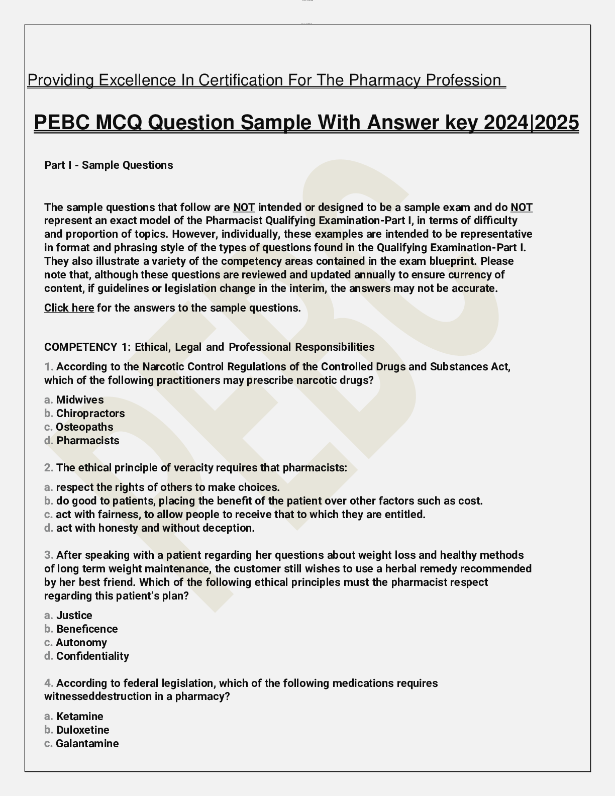 Preview image for Providing Excellence In Certification For The Pharmacy Profession PEBC MCQ Question Sample With Answer key 2024|2025