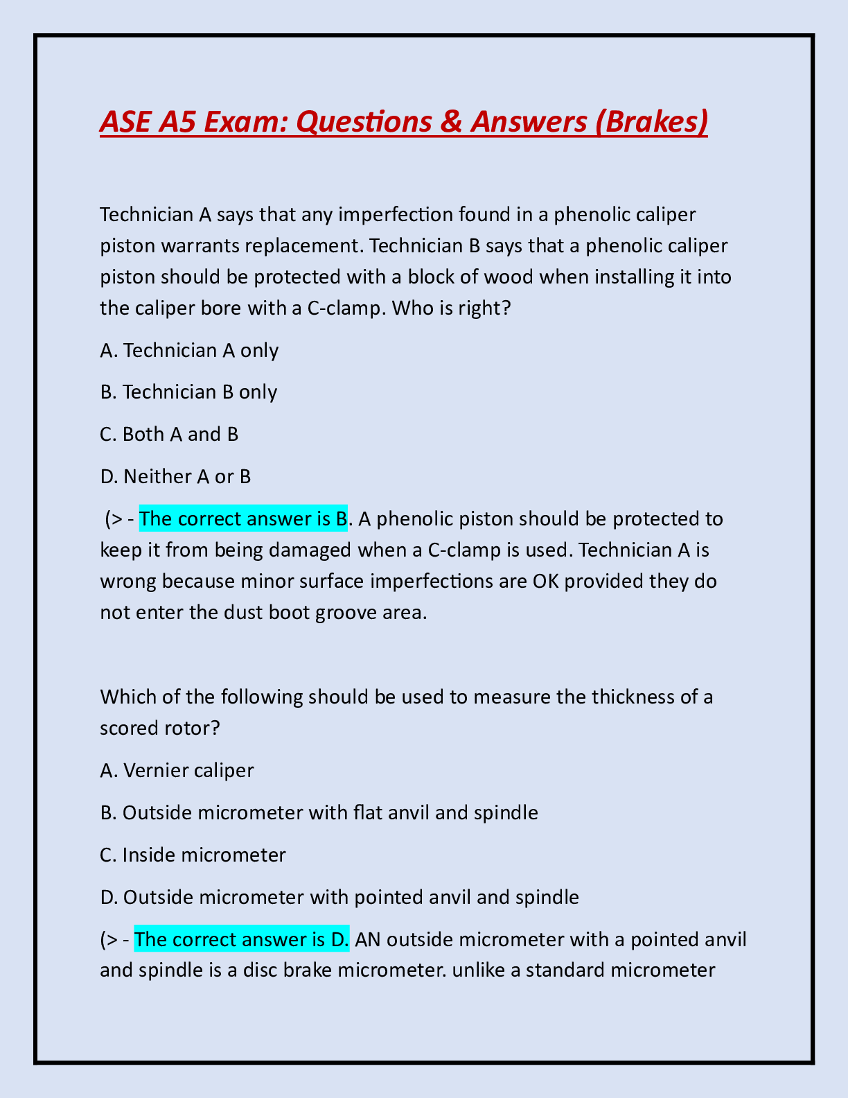 Preview image for ASE A5 Exam: ASE A5 Brakes Exam :Questions & Answers: Latest Updated APlus Guide Solution