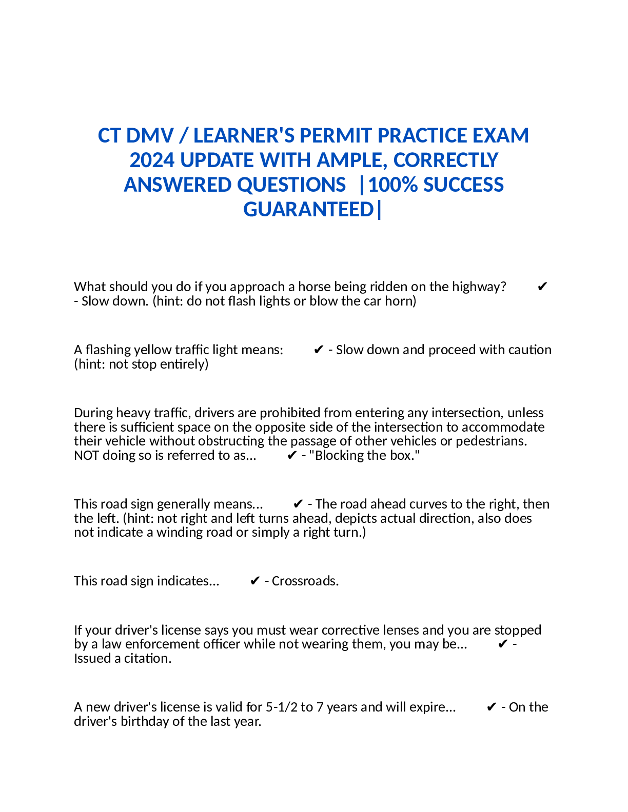 Ct Permit Test Study Guide CT DMV LEARNER'S PERMIT PRACTICE EXAM 2024 UPDATE WITH AMPLE, CORREC ...