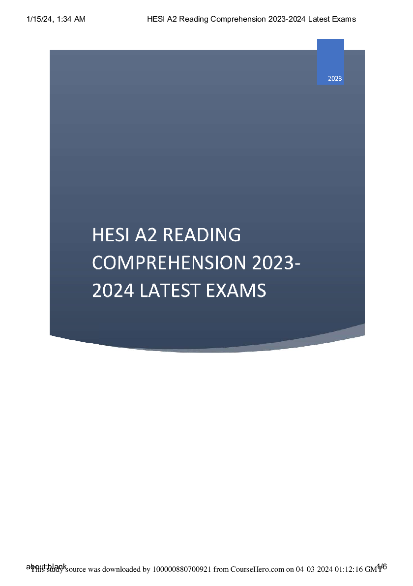 Recommended document preview for HESI A2 Reading Comprehension 2023-2024 Latest Exams